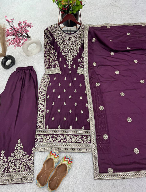 Purple New Ready-made Collection With Pure Chinnon Silk And Heavy Embroidery Sequence Work Top-Bottom And Dupatta Set