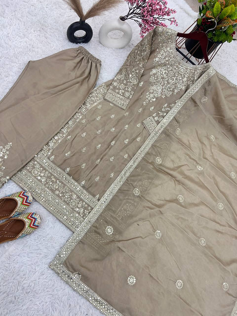 Presenting New Ready-made Collection With Pure Chinnon Silk And Heavy Embroidery Sequence Work Top-Bottom And Dupatta Set