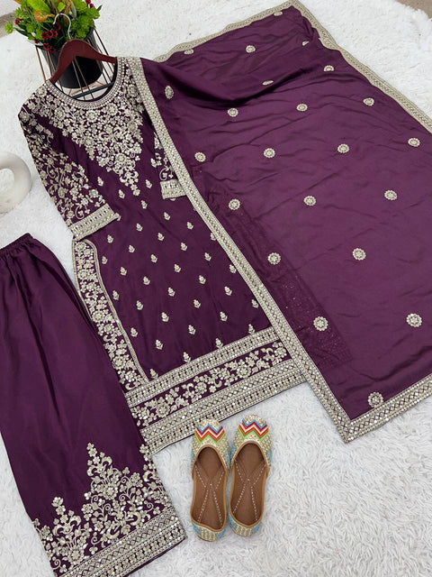 Purple New Ready-made Collection With Pure Chinnon Silk And Heavy Embroidery Sequence Work Top-Bottom And Dupatta Set