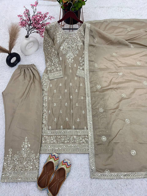 Presenting New Ready-made Collection With Pure Chinnon Silk And Heavy Embroidery Sequence Work Top-Bottom And Dupatta Set