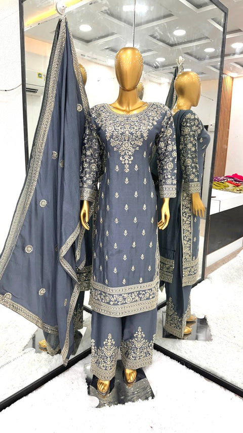 Grey New Ready-made Collection With Pure Chinnon Silk And Heavy Embroidery Sequence Work Top-Bottom And Dupatta Set