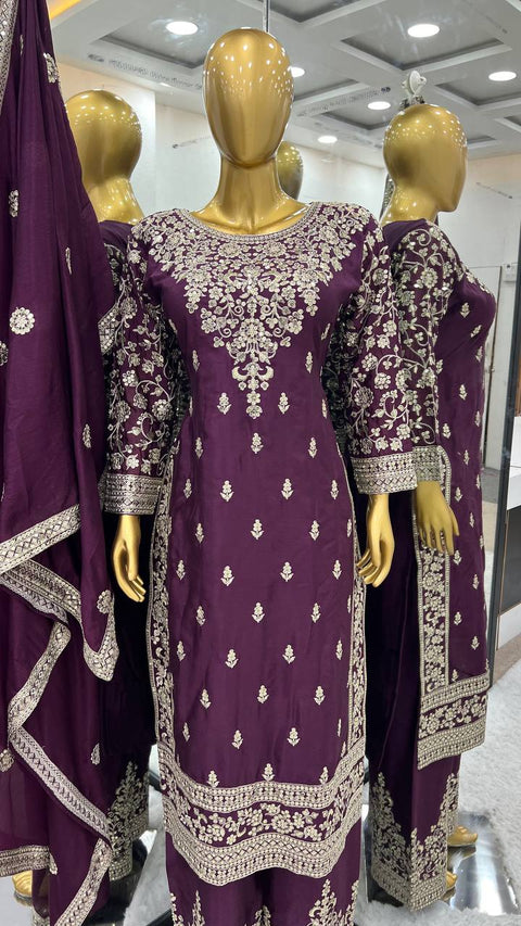 Purple New Ready-made Collection With Pure Chinnon Silk And Heavy Embroidery Sequence Work Top-Bottom And Dupatta Set