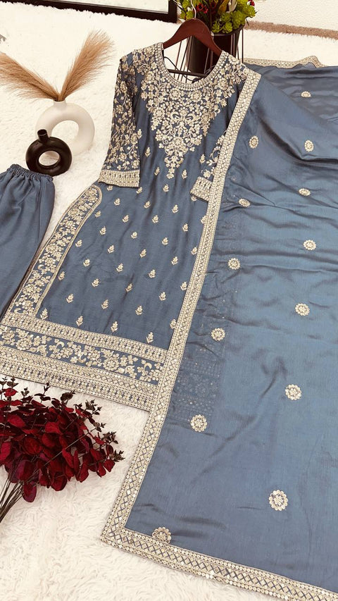 Grey New Ready-made Collection With Pure Chinnon Silk And Heavy Embroidery Sequence Work Top-Bottom And Dupatta Set