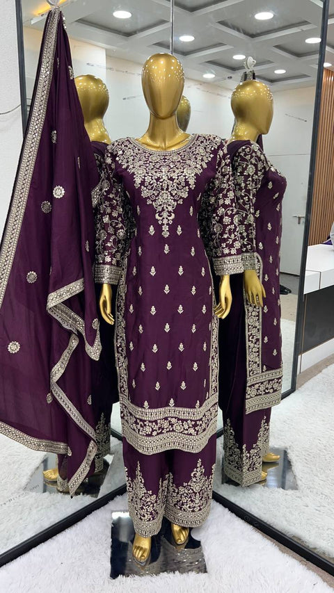 Purple New Ready-made Collection With Pure Chinnon Silk And Heavy Embroidery Sequence Work Top-Bottom And Dupatta Set