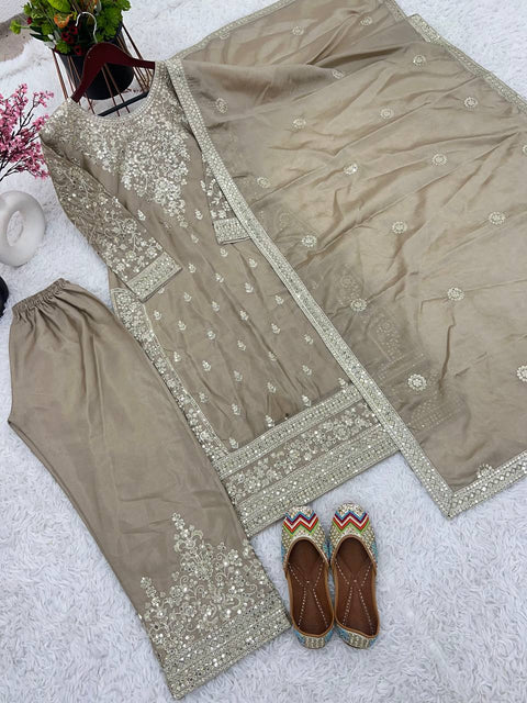 Presenting New Ready-made Collection With Pure Chinnon Silk And Heavy Embroidery Sequence Work Top-Bottom And Dupatta Set