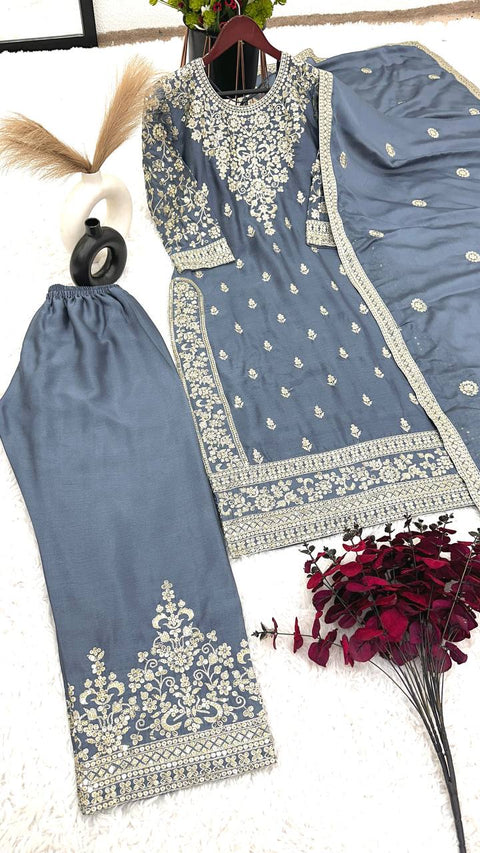 Grey New Ready-made Collection With Pure Chinnon Silk And Heavy Embroidery Sequence Work Top-Bottom And Dupatta Set