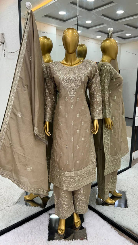 Presenting New Ready-made Collection With Pure Chinnon Silk And Heavy Embroidery Sequence Work Top-Bottom And Dupatta Set