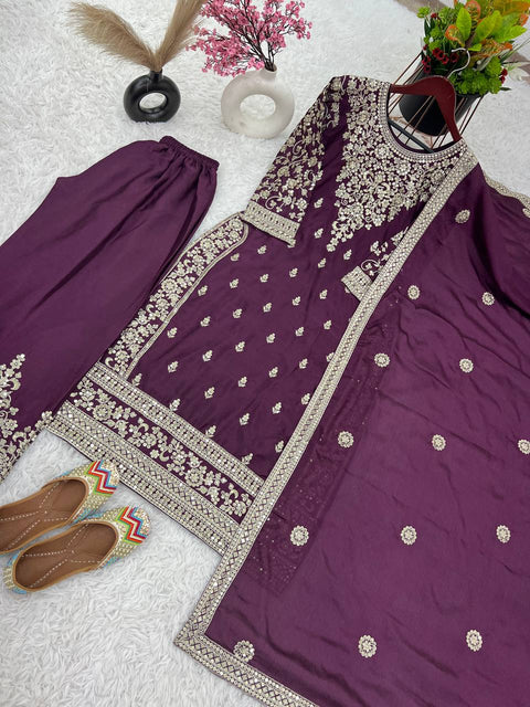 Purple New Ready-made Collection With Pure Chinnon Silk And Heavy Embroidery Sequence Work Top-Bottom And Dupatta Set