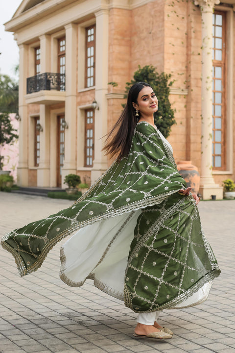 Green Anarkali Look Pur Chinon Silk Fancy Anarkali Gown,Dupatta & Bottom Set For Women