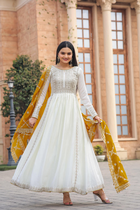 Yellow Anarkali Look Pur Chinon Silk Fancy Anarkali Gown,Dupatta & Bottom Set For Woman