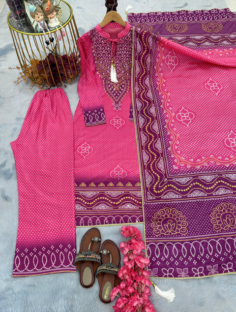 Pink Lovely Festivals Party Wear Look Pur Chinon Silk Top Plazzo & Dupatta Set For Woman