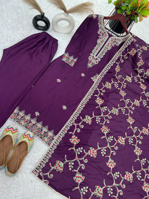 Wine Color Designer Party Wear Look Fancy Top-Dupatta and Fully Stitched Salwar Kameez For Women