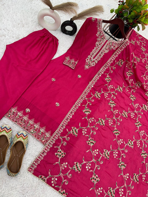 Pink Color Designer Party Wear Look Fancy Top-Dupatta and Fully Stitched Salwar Kameez For Women