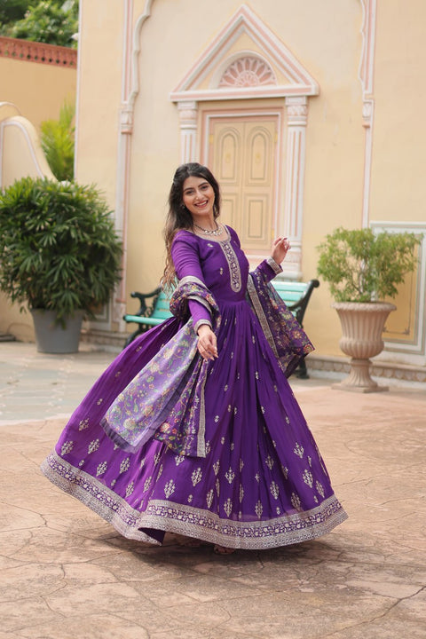 Purple Get ready to shine with these stunning outfit Made from Chinon And Sequins Embroidered Work Gown For Woman