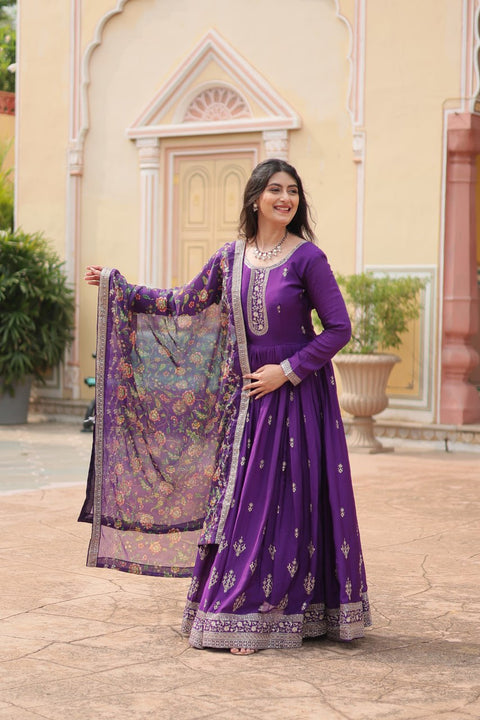 Purple Get ready to shine with these stunning outfit Made from Chinon And Sequins Embroidered Work Gown For Woman