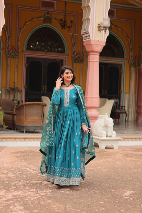 Teal Blue Get ready to shine with these stunning outfit Made from Chinon And Sequins Embroidered Work Gown For Woman