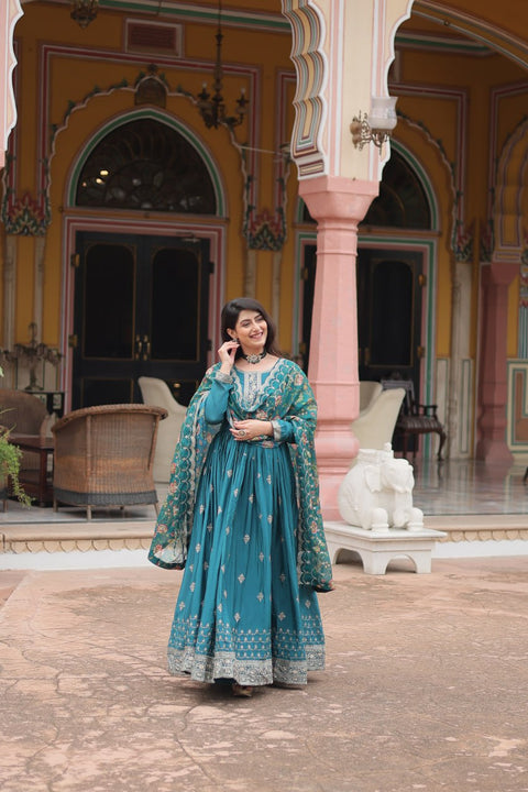 Teal Blue Get ready to shine with these stunning outfit Made from Chinon And Sequins Embroidered Work Gown For Woman