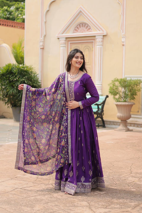 Purple Get ready to shine with these stunning outfit Made from Chinon And Sequins Embroidered Work Gown For Woman