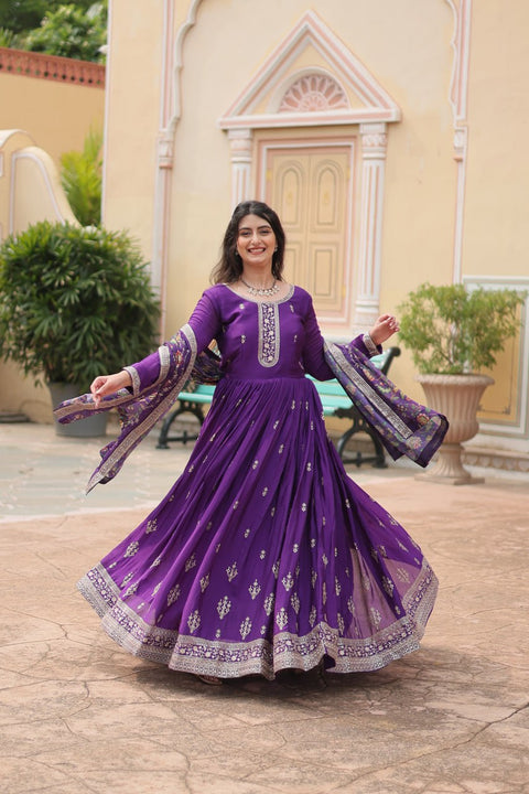 Purple Get ready to shine with these stunning outfit Made from Chinon And Sequins Embroidered Work Gown For Woman