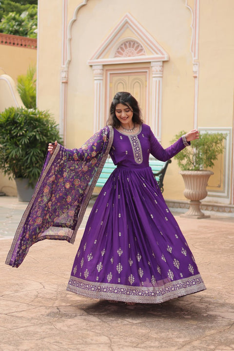 Purple Get ready to shine with these stunning outfit Made from Chinon And Sequins Embroidered Work Gown For Woman