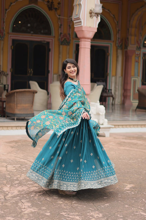 Teal Blue Get ready to shine with these stunning outfit Made from Chinon And Sequins Embroidered Work Gown For Woman