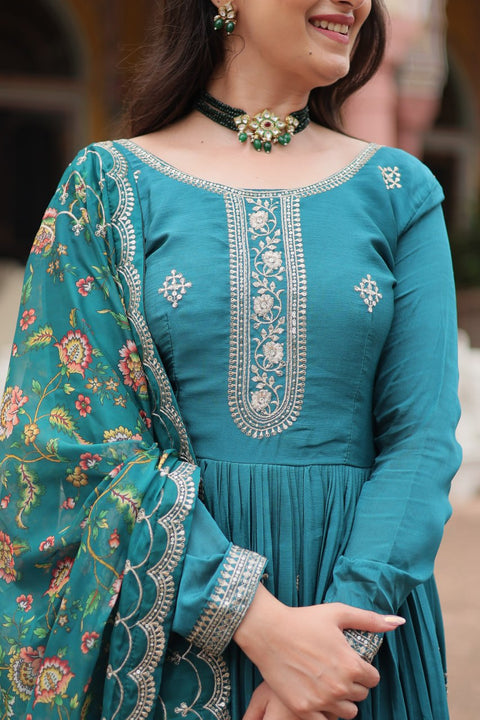 Teal Blue Get ready to shine with these stunning outfit Made from Chinon And Sequins Embroidered Work Gown For Woman