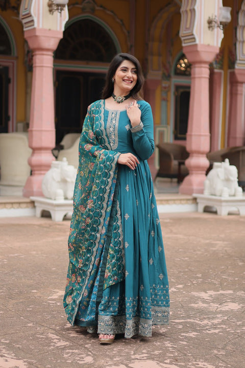 Teal Blue Get ready to shine with these stunning outfit Made from Chinon And Sequins Embroidered Work Gown For Woman