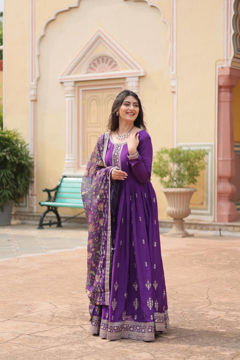 Purple Get ready to shine with these stunning outfit Made from Chinon And Sequins Embroidered Work Gown For Woman