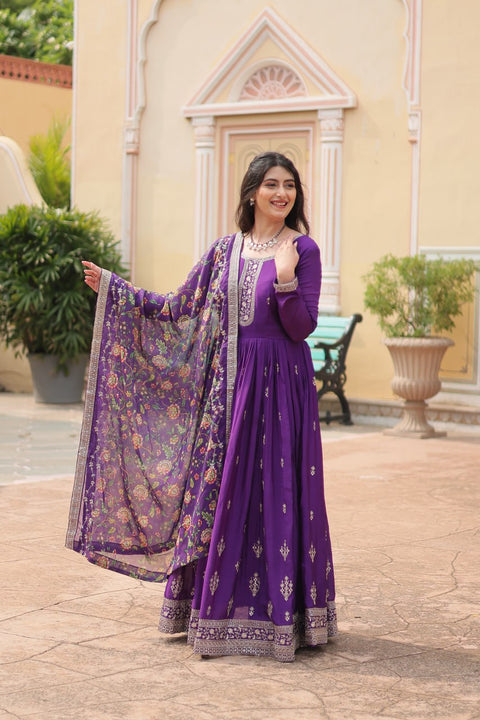 Purple Get ready to shine with these stunning outfit Made from Chinon And Sequins Embroidered Work Gown For Woman