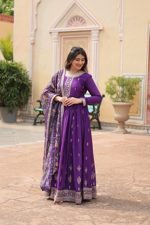 Purple Get ready to shine with these stunning outfit Made from Chinon And Sequins Embroidered Work Gown For Woman