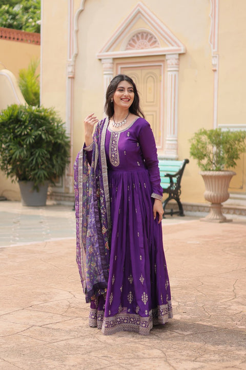 Purple Get ready to shine with these stunning outfit Made from Chinon And Sequins Embroidered Work Gown For Woman