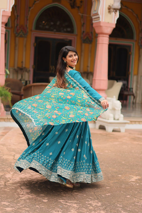 Teal Blue Get ready to shine with these stunning outfit Made from Chinon And Sequins Embroidered Work Gown For Woman