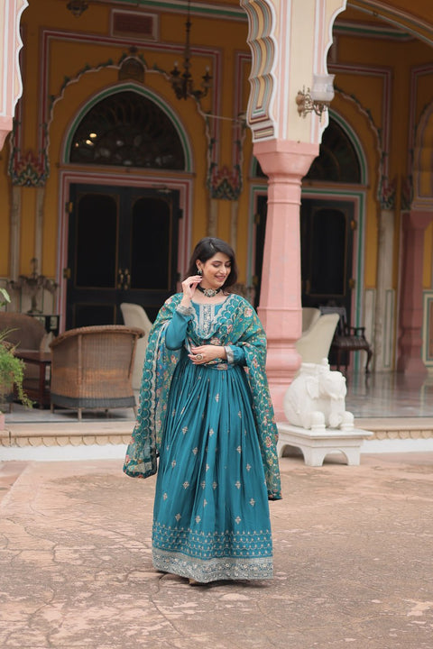 Teal Blue Get ready to shine with these stunning outfit Made from Chinon And Sequins Embroidered Work Gown For Woman