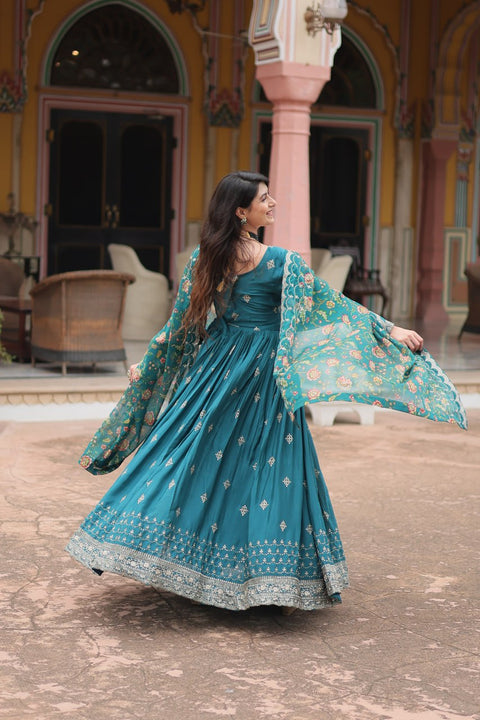 Teal Blue Get ready to shine with these stunning outfit Made from Chinon And Sequins Embroidered Work Gown For Woman