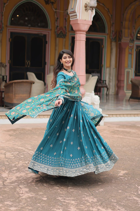 Teal Blue Get ready to shine with these stunning outfit Made from Chinon And Sequins Embroidered Work Gown For Woman