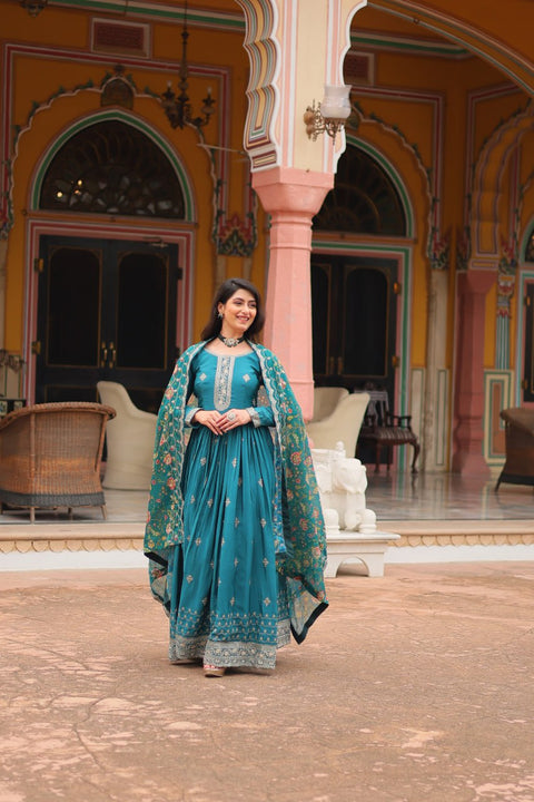 Teal Blue Get ready to shine with these stunning outfit Made from Chinon And Sequins Embroidered Work Gown For Woman