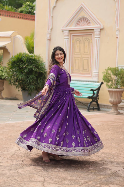 Purple Get ready to shine with these stunning outfit Made from Chinon And Sequins Embroidered Work Gown For Woman