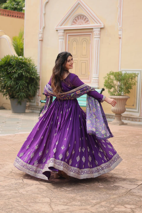 Purple Get ready to shine with these stunning outfit Made from Chinon And Sequins Embroidered Work Gown For Woman