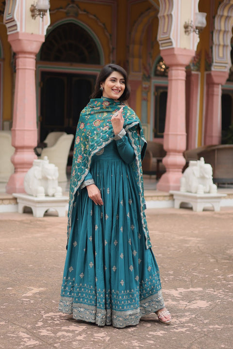 Teal Blue Get ready to shine with these stunning outfit Made from Chinon And Sequins Embroidered Work Gown For Woman