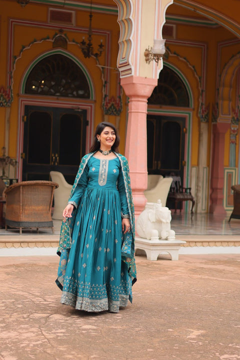 Teal Blue Get ready to shine with these stunning outfit Made from Chinon And Sequins Embroidered Work Gown For Woman