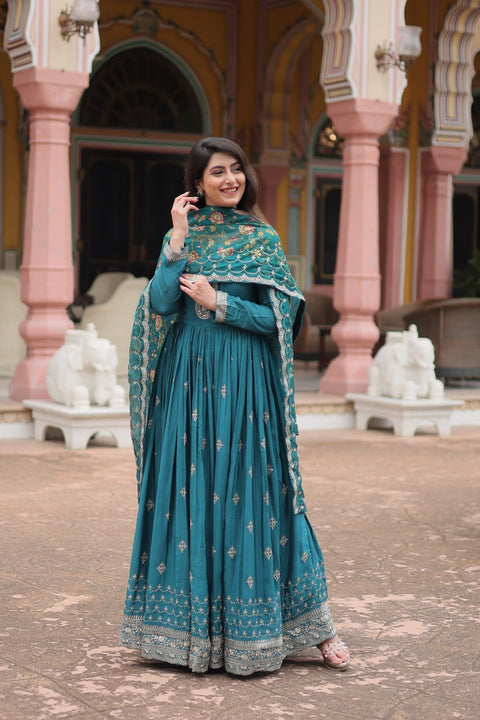 Teal Blue Get ready to shine with these stunning outfit Made from Chinon And Sequins Embroidered Work Gown For Woman