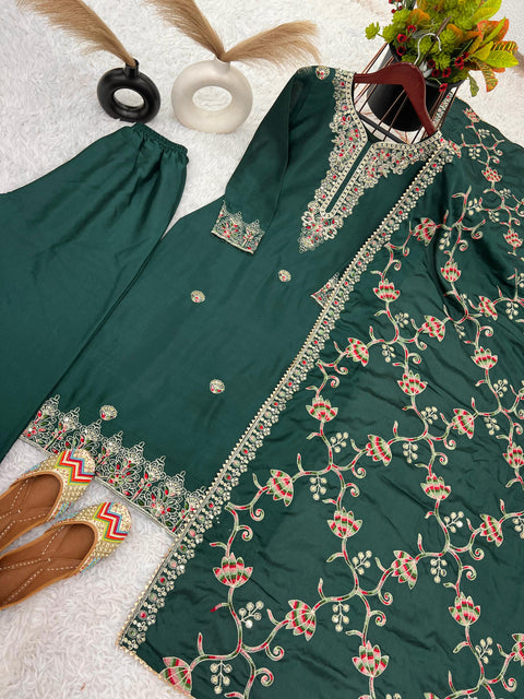 Green New Designer Party Wear Look Fancy Top-Dupatta and Fully Stitched Sharara For Woman