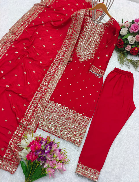 Red Embroidery New Disine Top-Pent With Dupatt Set For Women In USA