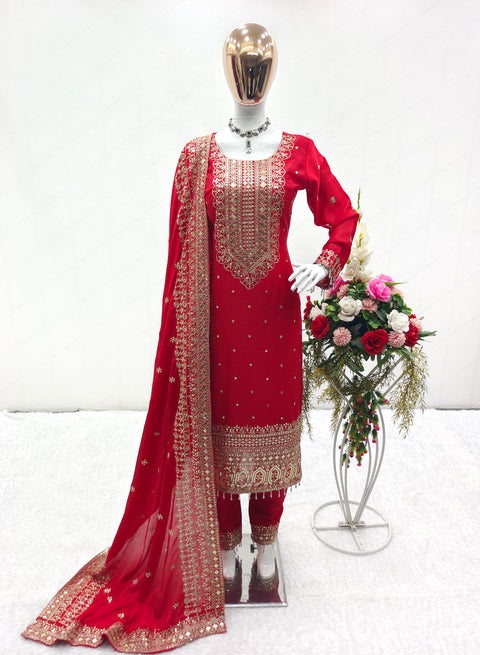 Red Embroidery New Disine Top-Pent With Dupatt Set For Women In USA