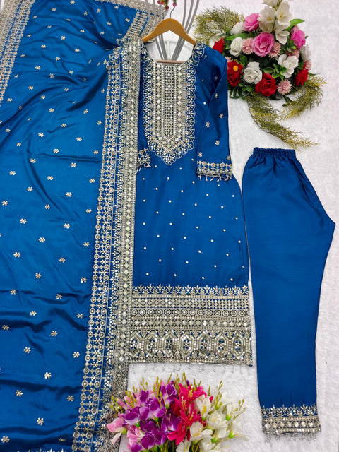 Blue Red Embroidery New Disine Top-Pent With Dupatt Set For Women In USA