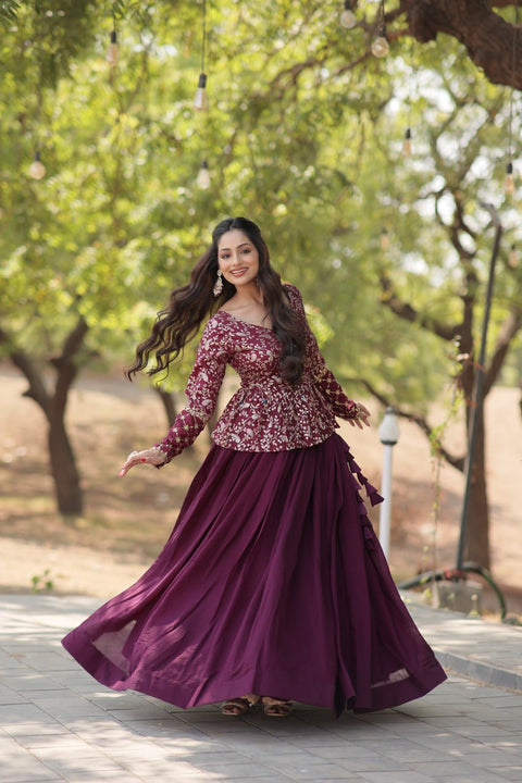 Wine Trending Fashionable Co-ord  Set with Pure Viscose Dayble Flower Design & Sequins Embroidered work Blouse and Plain Lehenga