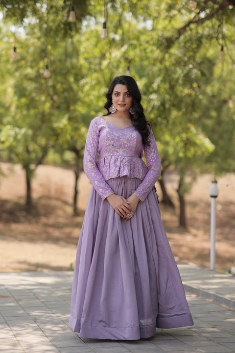 Purple Trending Fashionable Co-ord  Set with Pure Viscose Dayble Flower Design & Sequins Embroidered work Blouse and Plain Lehenga