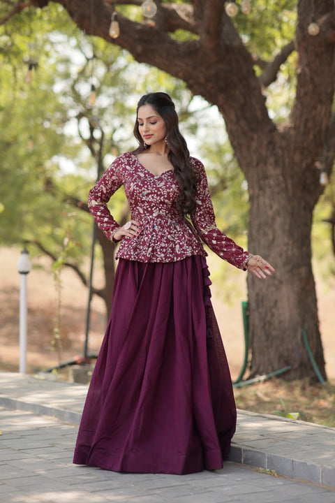 Wine Trending Fashionable Co-ord  Set with Pure Viscose Dayble Flower Design & Sequins Embroidered work Blouse and Plain Lehenga