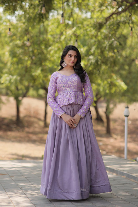 Purple Trending Fashionable Co-ord  Set with Pure Viscose Dayble Flower Design & Sequins Embroidered work Blouse and Plain Lehenga