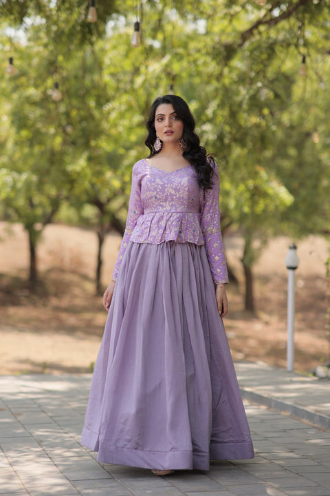 Purple Trending Fashionable Co-ord  Set with Pure Viscose Dayble Flower Design & Sequins Embroidered work Blouse and Plain Lehenga